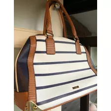 Bolsa Aldo Blanca Con Rayas Azules Y Detalles Cafés.