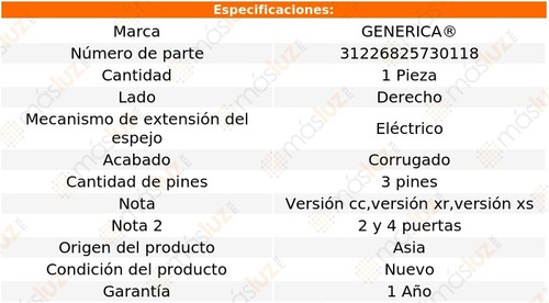 Espejo Der Elect Corrug 3 Pines Peugeot 206 01/09 Generica Foto 2