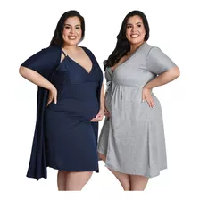 Kit Gestante Plus Size 2 Jogos De Camisolas Com Robe Pós Parto 026