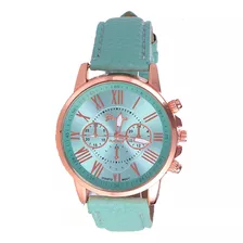 Reloj Aguja Mujer Malla Cuero Dama Calidad Colores Pulsera Malla Aqua Bisel Rose Gold Fondo Color