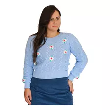 Blusa Tricot Feminina Azul Bordada Flores