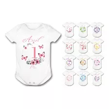 Kit Body Mesversario 12 Meses Flores Rosa Nome Menina R2411