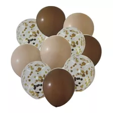 Set 10 Globos Retro Marrón Nude Transparente Confetti Dorado