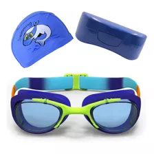 Óculos Estojo Touca Natação Infantil Profissional Lentes Uv Cor Azul-azul