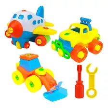 Kit 3 Brinquedos Montar Educativos Avião Caminhão E Trator