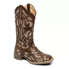 Bota Texana Country Feminina Couro Bordada Glitter Cano Alto