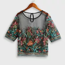 Blusa De Mujer Malla Transparente Bordada Floral, Negro L