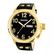 Relógio Magnum Masculino Ma32783u Dourado Couro Analógico Cor Da Correia Preto Cor Do Fundo Preto