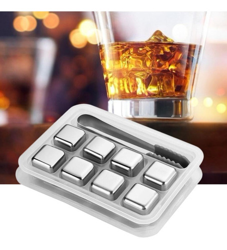 Kit 8 Cubos De Gelo Aço Inox Metal Com Pegador Whisky Drinks