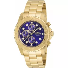 Reloj De Pulsera Invicta Pro Diver 19157 De Cuerpo Color Oro, Analógico, Para Hombre, Fondo Azul, Con Correa De Acero Inoxidable Color Oro, Agujas Color Oro Y Blanco, Dial Blanco Y Oro, Subesferas Col