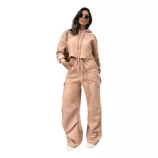 Conjunto Moletom Blusa Cropped Calça Cargo Bolso Fashion