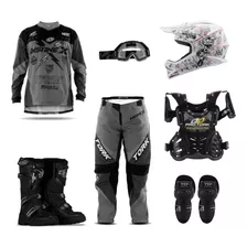 Kit Roupa Piloto Motocross Infantil + Kit Proteção Off Road