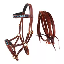 Horse Western Leather Beaded Bitless Sidepull Bridle Re...