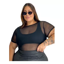 Blusa De Tule Plus Size Regulável Cropped Transparente 2em1