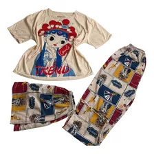 Pijama 3 Piezas Mujer Niña Short Polera Pantalon