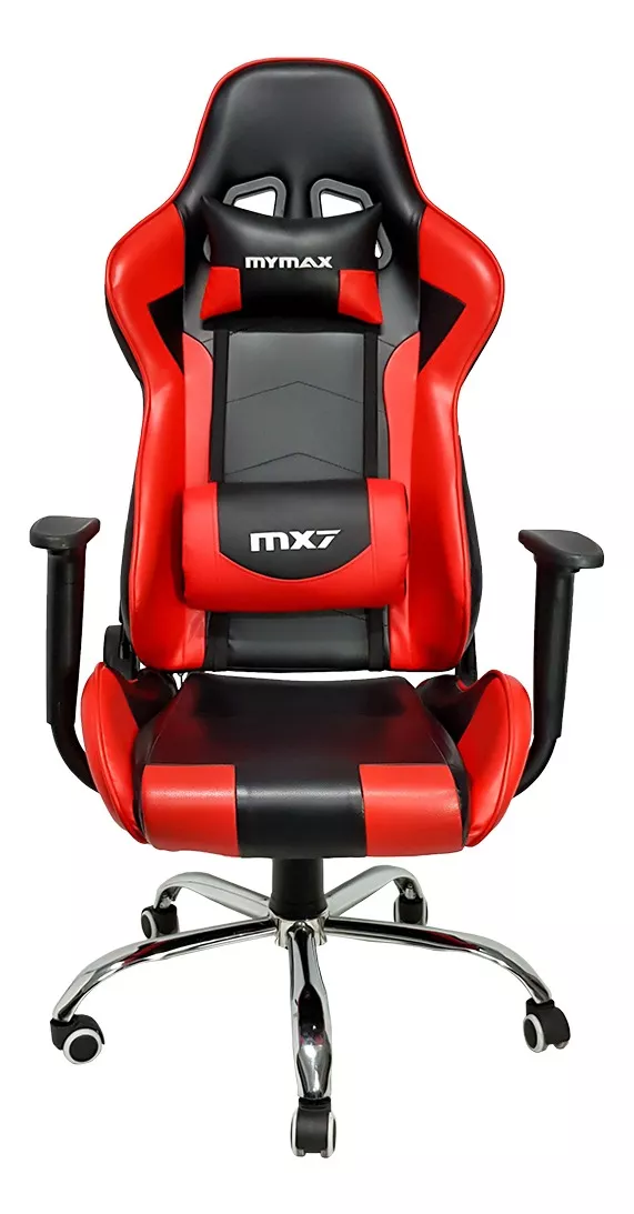 Cadeira De Escritório Mymax Mx7 Gamer Ergonômica  Preta E Vermelha Com Estofado De Couro