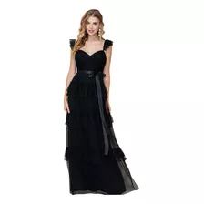 Vestido Largo Negro Elegante Tul Olanes Y Listón Satinado