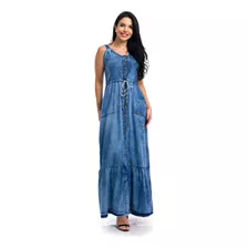 Vestido Jeans Longo Barra Franzida