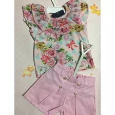 Conjunto Feminino Bebê Verão Shorts E Blusa Cor Rosa Florid