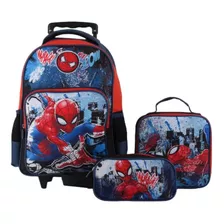 Mochila Escolar Con Ruedas Spiderman + Lonchera + Estuche