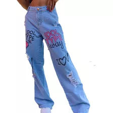 Calça Jeans Juvenil/criança Wide Leg Pantalona Com Desenho