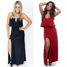  Vestidos Longos Com Fenda E Babado Listrado Alça Fina