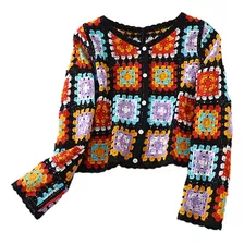 (bk-os) Cárdigan De Crochet De Manga Larga De Otoño Étnico H