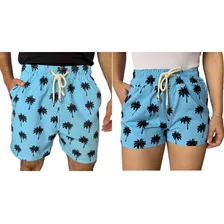 Kit 2 Shorts Namorados Casal Estampado Praia Moda Tactel 