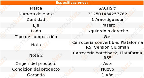 1- Amortiguador Gas Trasero Izq/der Mini Cooper 09/14 Sachs Foto 2