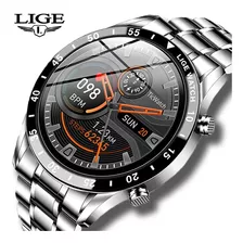 Lige - Reloj Inteligente Para Hombre Bluetooth, Impermeable Color De La Caja Negro Color De La Correa Plateado Color Del Bisel Negro