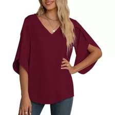 Blusa Casual Manga 3/4 Con Gasa Cuello V Para Mujer Viishow