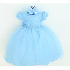 Vestido Infantil Azul Cinderela Luxo Princesa Daminha Tiara