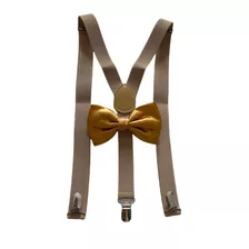 Kit Suspensório Bege + Gravata Borboleta Dourada Ref:244/247