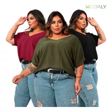 Kit 3 Blusa Feminina Manga 3/4 Plus Size Básica Casual 