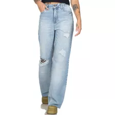 Calça Jeans Wide Leg Feminina Cintura Alta Destroyed Casual