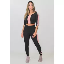 Conjunto Fitness Cropped E Calça Legging Preto Detalhe Rosê