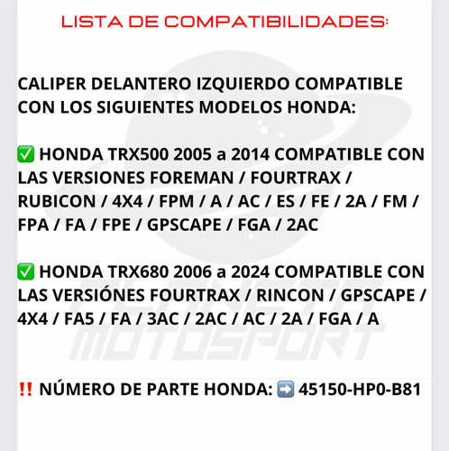 Caliper Freno Delantero Izquierdo Honda Trx680 4x4 2006-2024 Foto 4