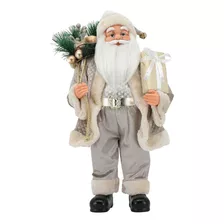 Papai Noel Boneco 40cm Luxo Saco Presente Prateado Enfeite