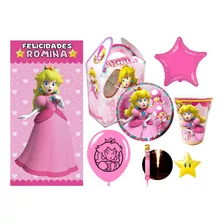 Princesa Peach Kit Vasos Platos Globos Lona Fiesta 10 Niños