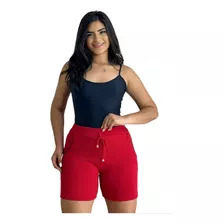 Shorts Feminino Malha Crepe Cintura Alta Bermuda Com Bolso