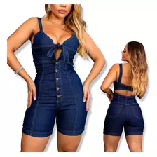 Macaquinho Meia Coxa Jeans Lycra Feminino Verão Com Decote