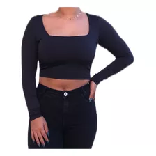 Croped Blusa Gola Quadrada Manga Longa Forrado No Busto