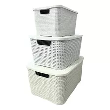 Kit 3 Caixa Organizadoras Rattan Branco Pequena Média Grande