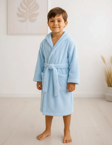 Roupão Infantil Felpudo Manta Soft Com Capuz Unissex Azul Celeste Liso 2 Anos