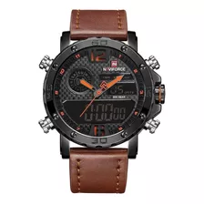 Reloj Pulsera Naviforce Nf9134 De Cuerpo Color Negro, Analógico-digital, Para Hombre, Fondo Negro, Con Correa De Cuero Color Marrón, Agujas Color Gris Y Naranja, Dial Negro Y Naranja, Minutero/segunde