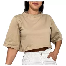 Cropped Algodão Básico Liso Feminino Com Manga