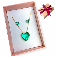 Conjunto Colar Brinco Coração Verde Turmalina Zircônia Ródio