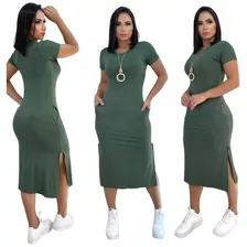 Vestido Feminino Longo De Amarrar Com Fenda Lateral Liso