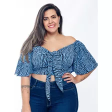 Cropped Feminino Plus Size Com Manga Poliéster Listrado