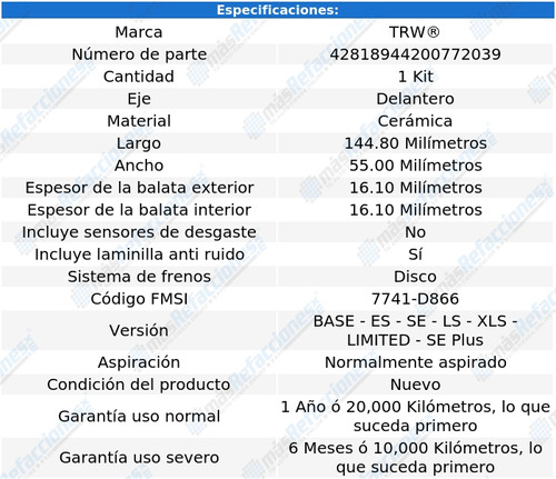 Balatas Delanteras Trw Cermica Outlander 2016 Foto 3